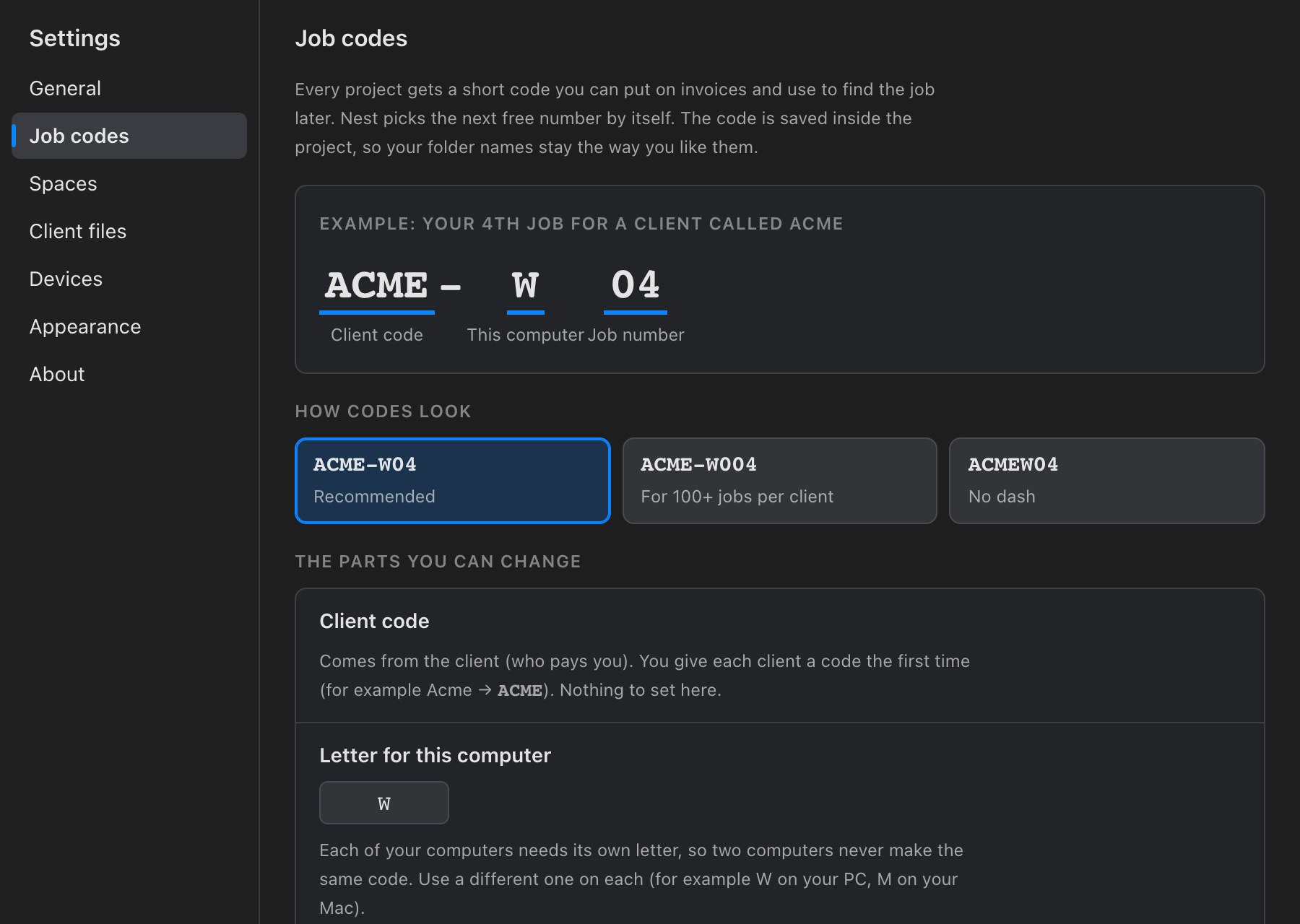 Nest settings explaining job codes: client code, a letter for this computer, job number