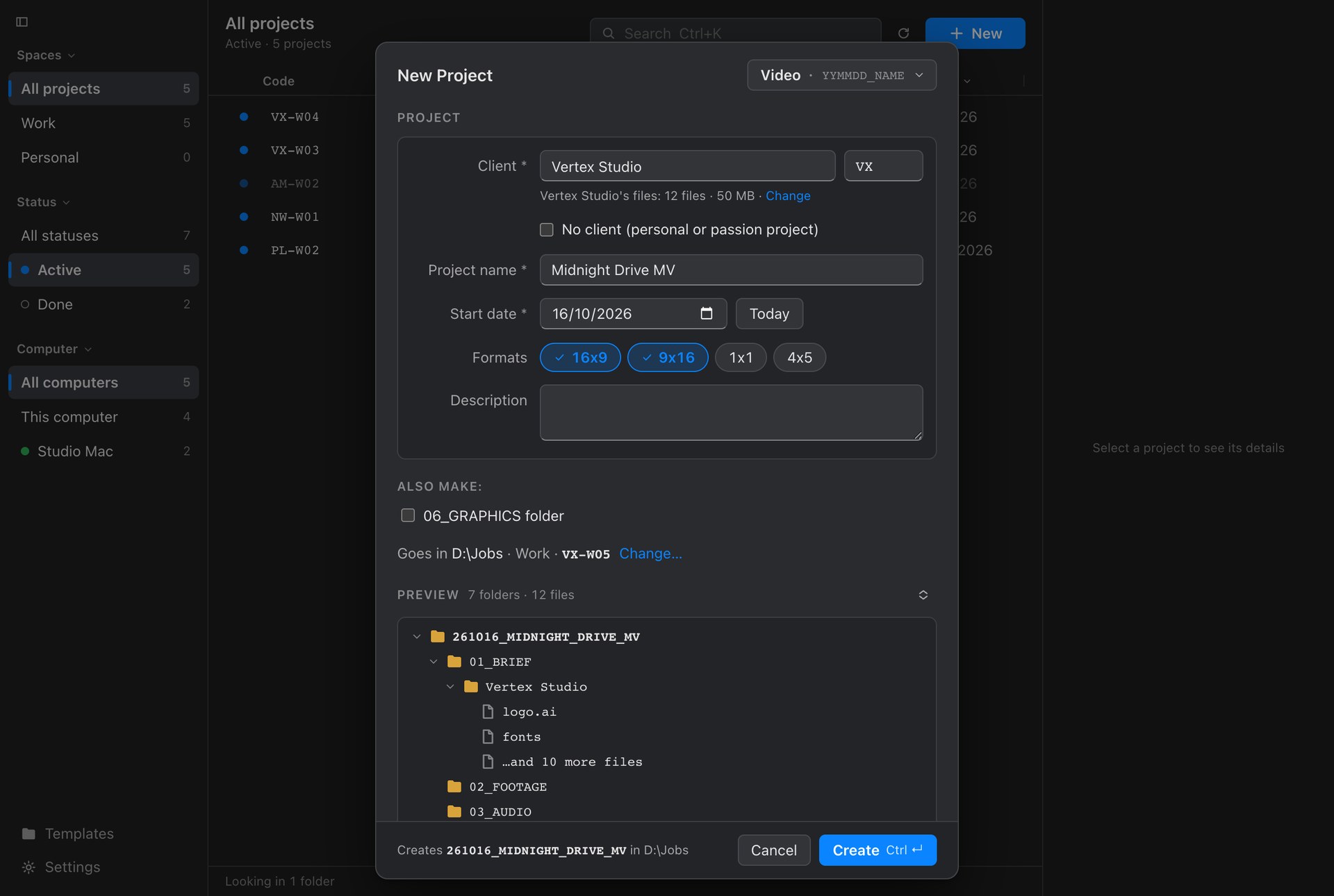 Nest New Project: client, project name, formats, Also make and a preview of the folders