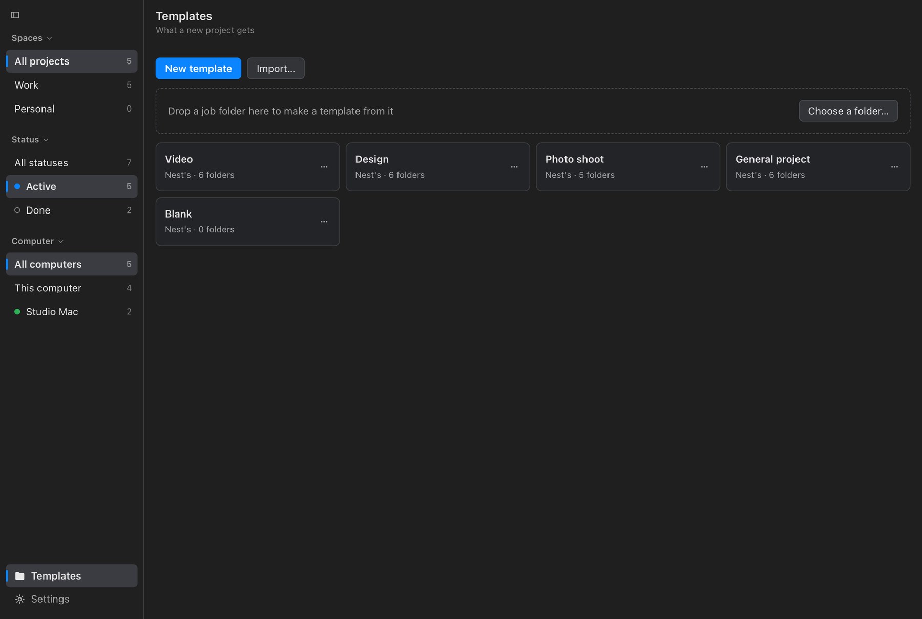 Nest Templates: drop a job folder to make a template, and the templates as cards